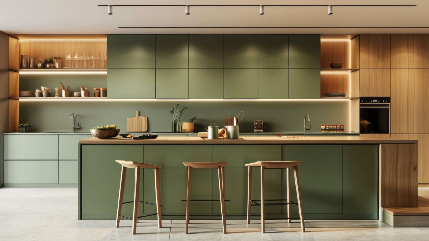 Cuisine moderne avec des armoires vert olive discrètes, des étagères en bois avec éclairage sous les armoires et un îlot assorti.