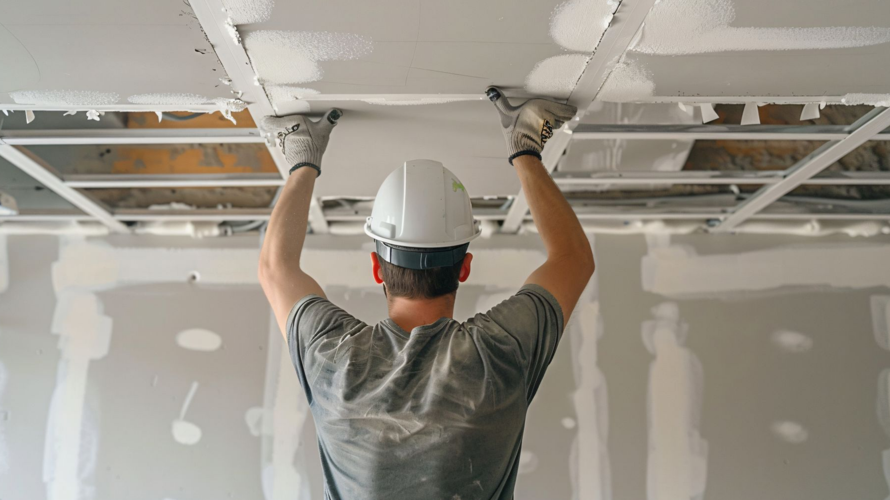 Un ouvrier du bâtiment, coiffé d'un casque blanc, installe des plaques de plâtre sur une structure métallique au plafond d'une pièce en cours de finition.