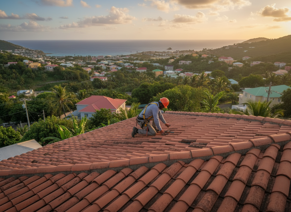 Un homme avec un casque rouge sur un toit.