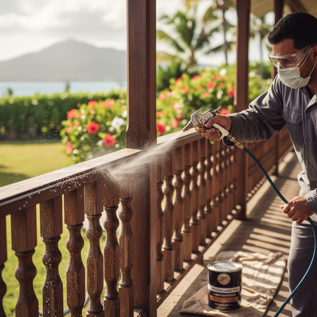 Pulvérisation d'un produit sur une barrière en bois.