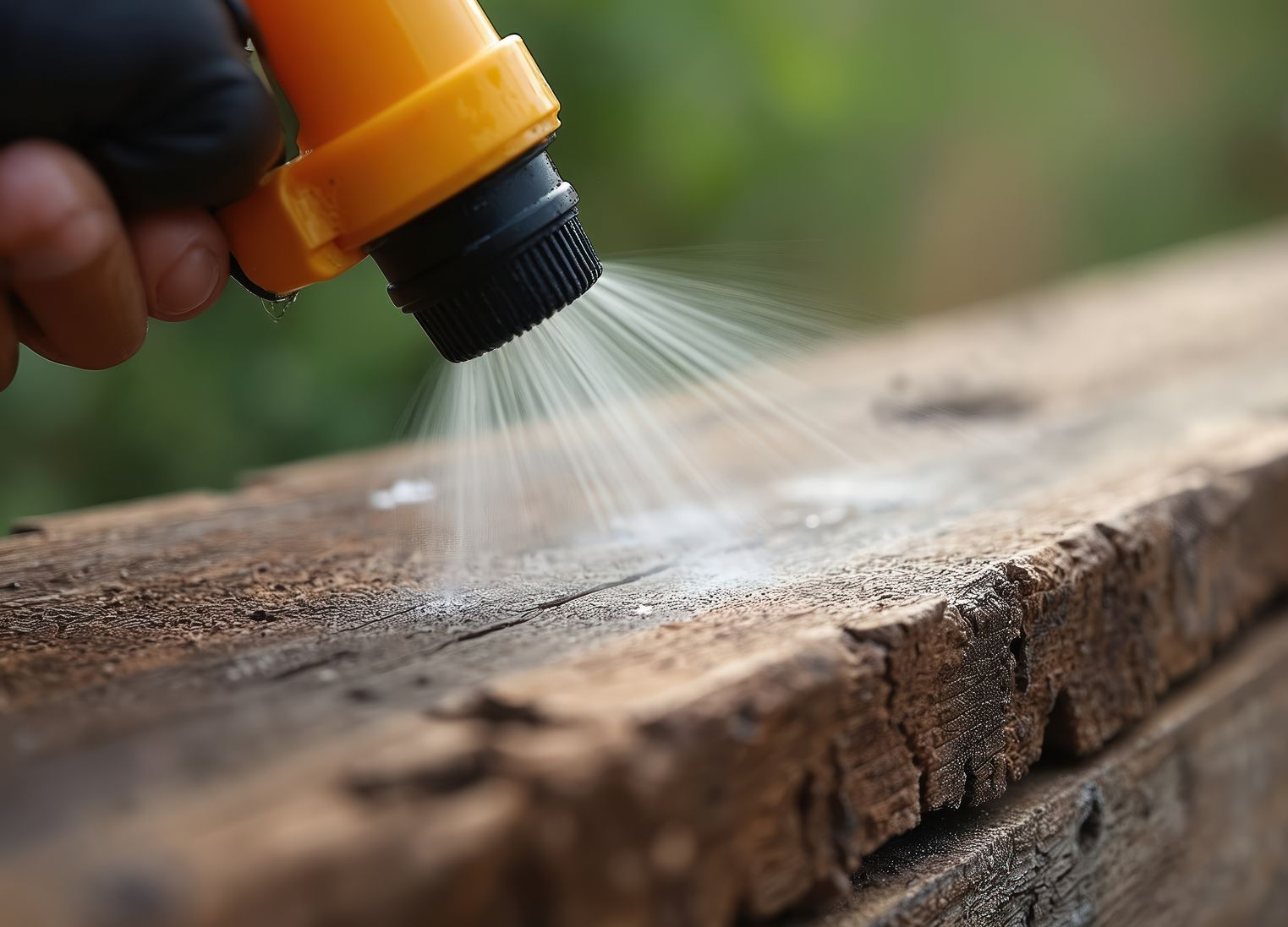 Un produit pulvérisé sur du bois.