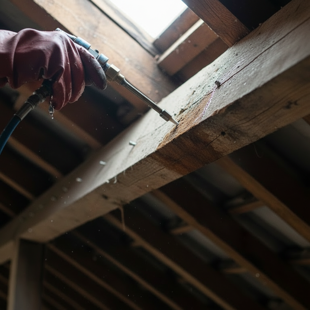 Injection d'un produit dans une charpente.