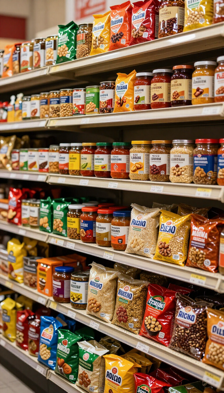 Pasillo de supermercado con estantes repletos de alimentos secos variados, tanto enlatados como envasados.