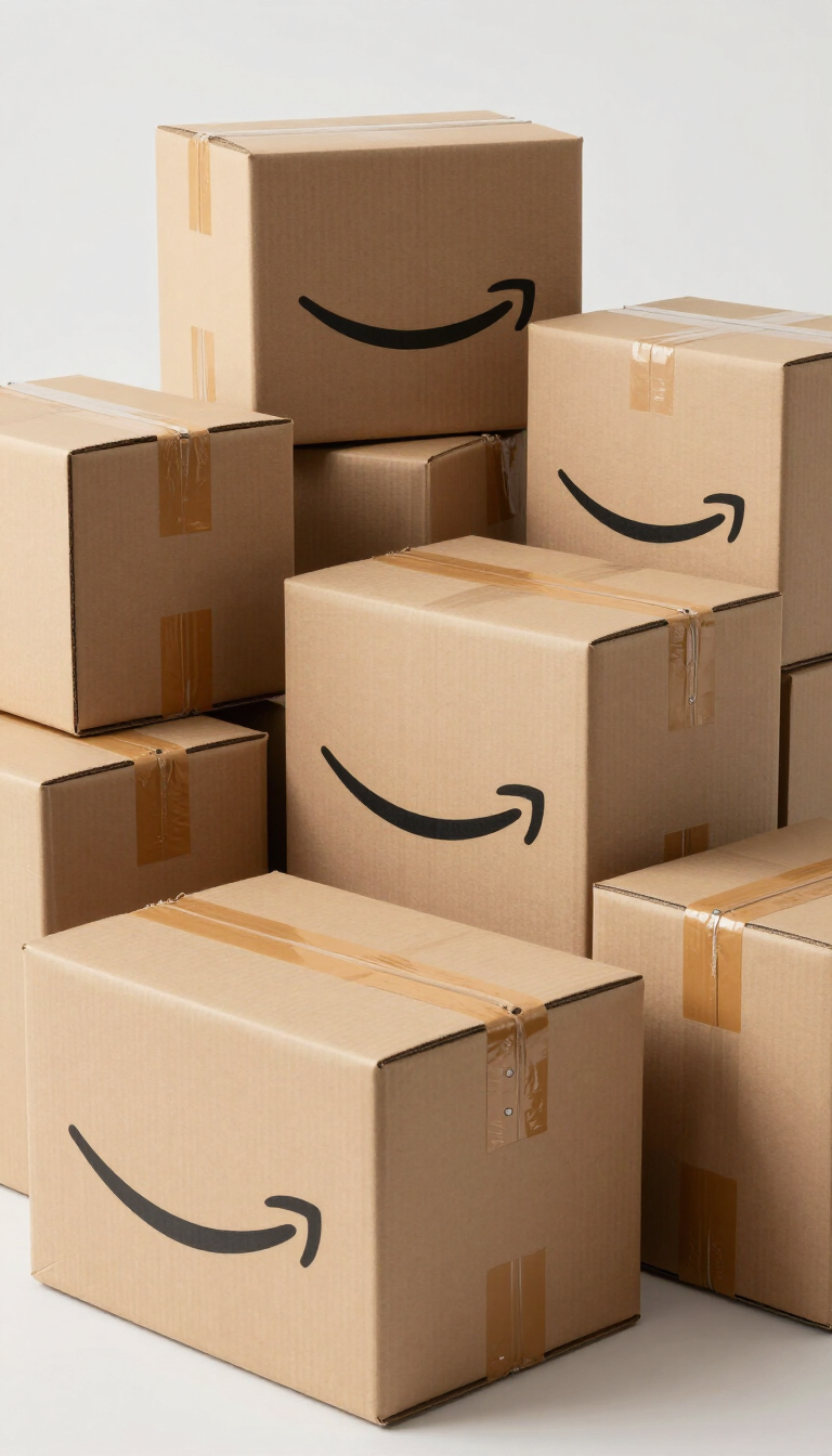 Cajas de cartón marrón apiladas con el logotipo de la sonrisa de Amazon.