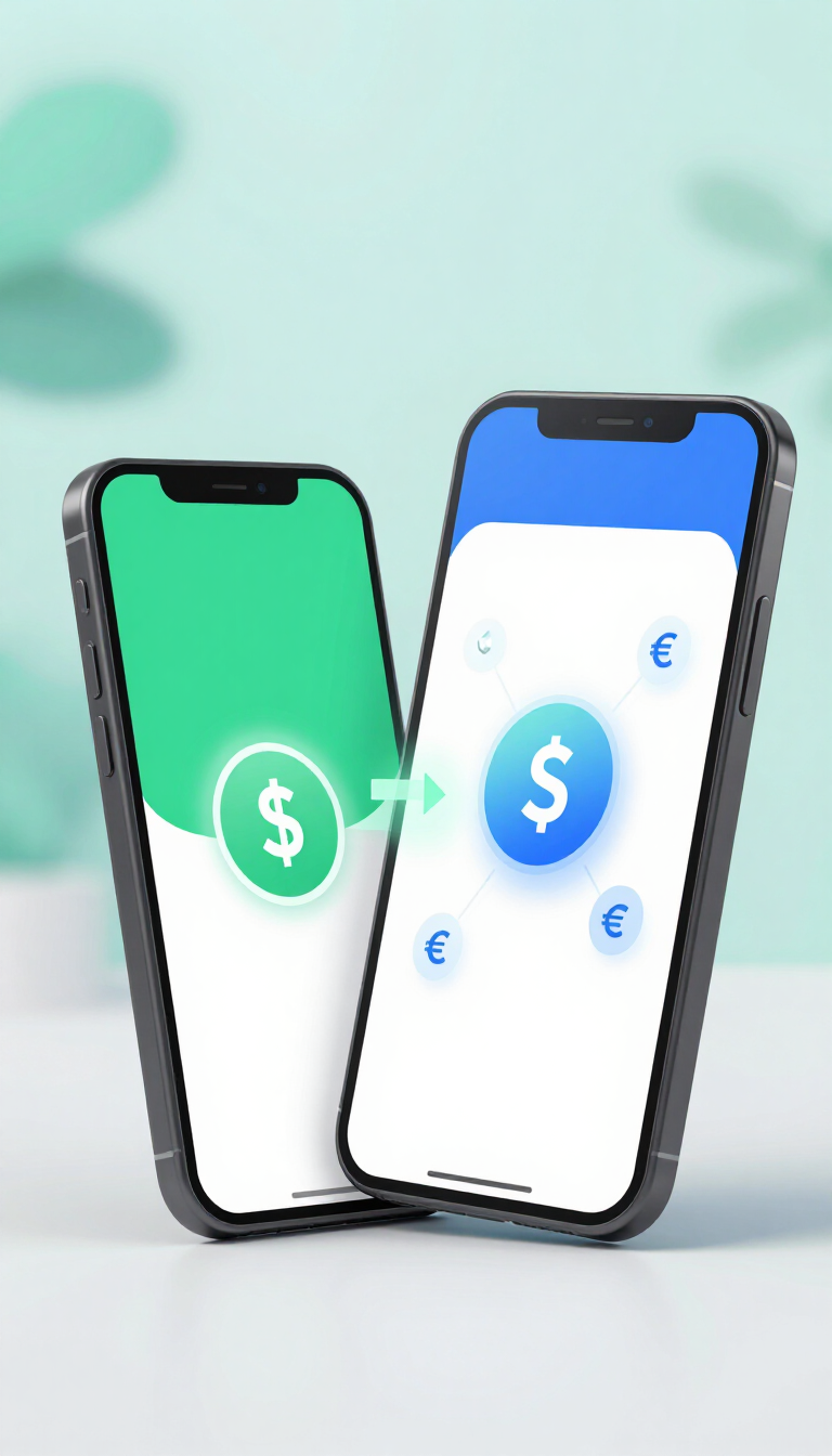 Dos teléfonos inteligentes que muestran iconos de transferencia de dinero, con flechas entre pantallas verdes y azules.