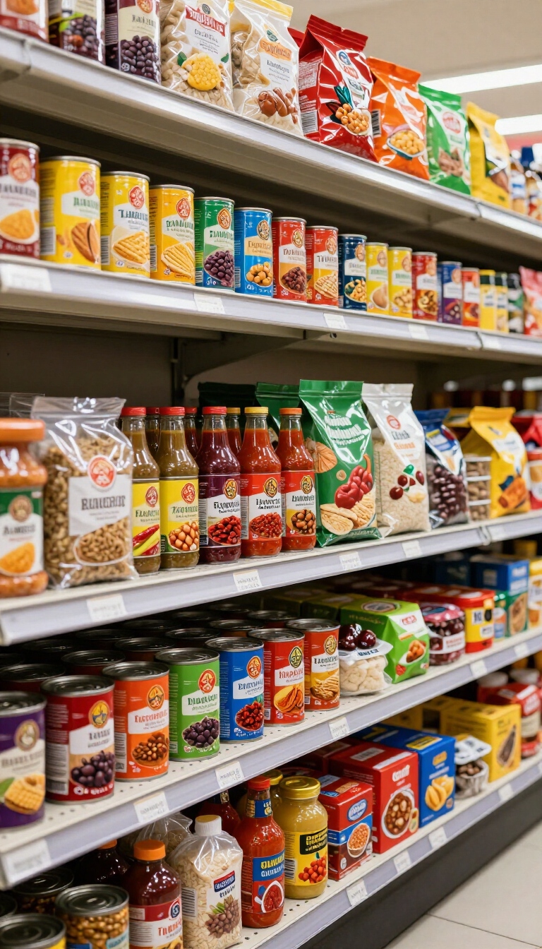 Pasillo de supermercado con estantes llenos de coloridos productos enlatados y envasados.