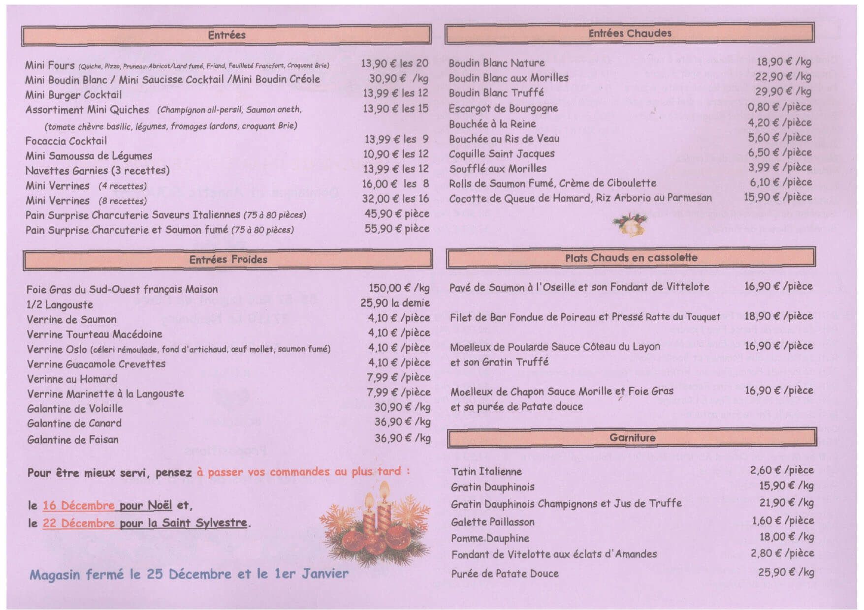 Menu des fêtes de fin d'année page 1