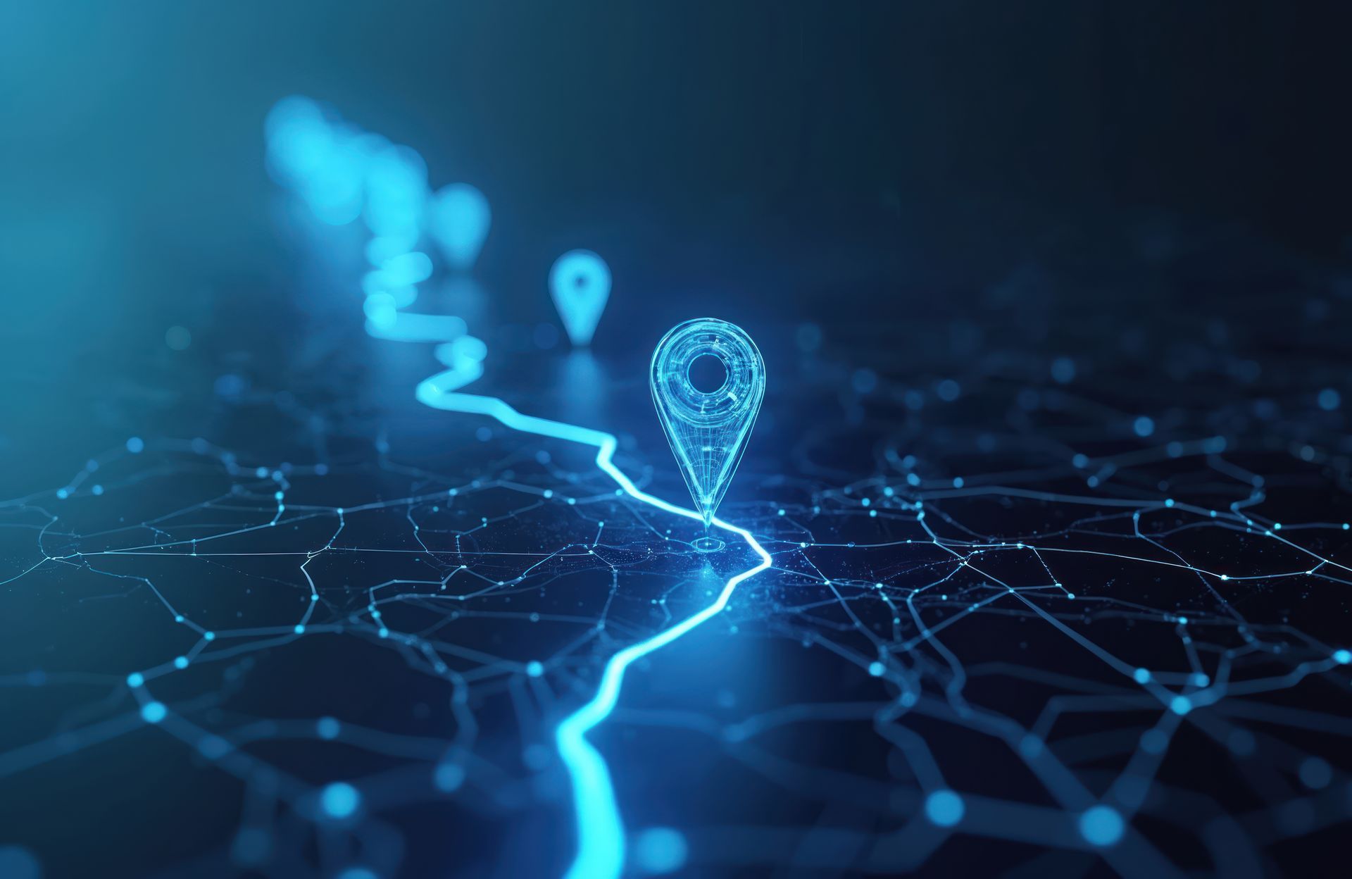 Chemin bleu lumineux avec des marqueurs de localisation sur une carte numérique, mettant en évidence un itinéraire.