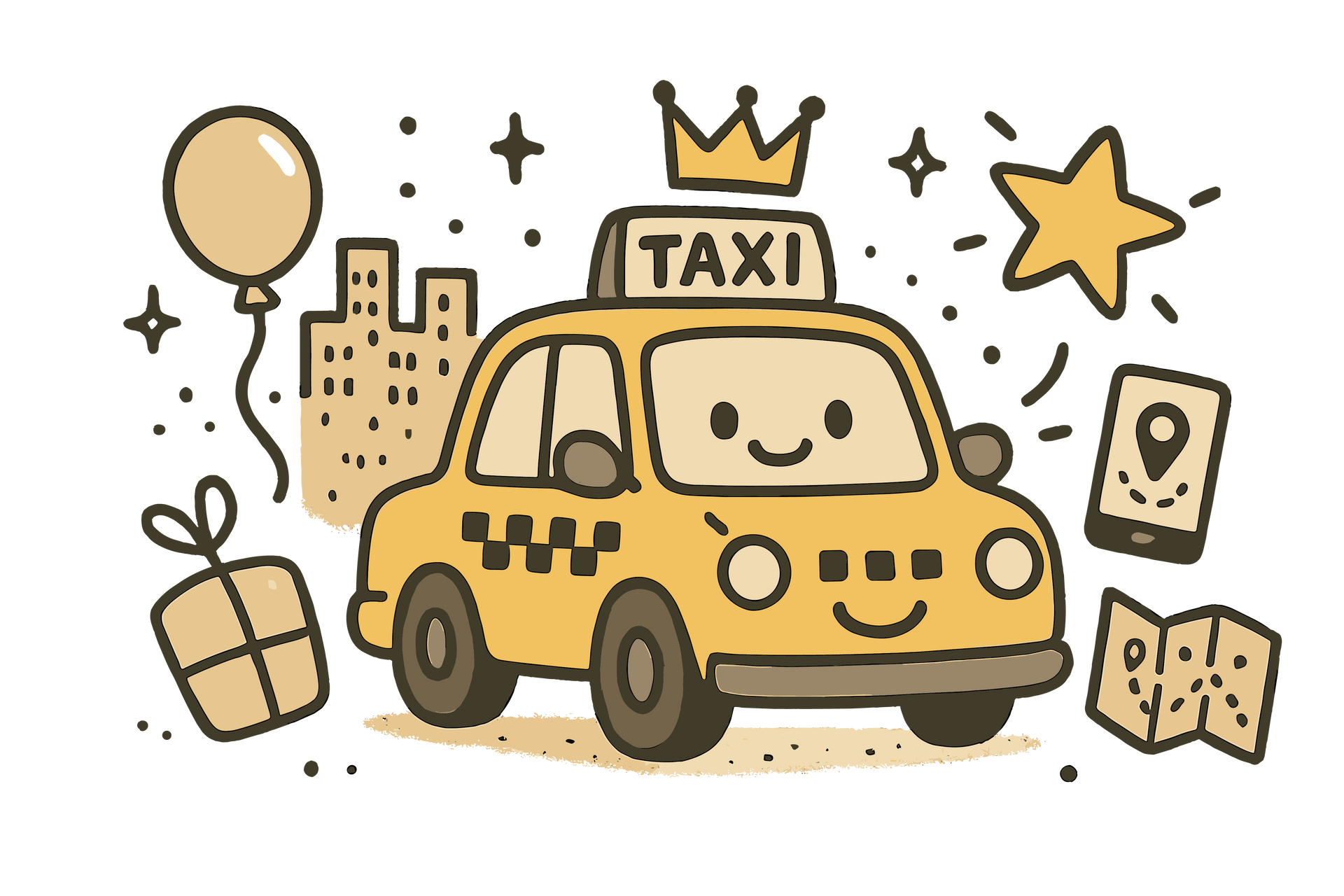 Un taxi jaune de dessin animé, avec un visage souriant, une couronne et un décor urbain, entouré de cadeaux et d'étoiles.