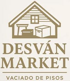 Logotipo para el "Mercado de Desván": silueta de una casa marrón con productos almacenados; debajo, el texto dice "Mercado de Desván - Vacunado por Floors".