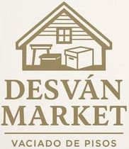 Logotipo para el "Mercado de Desván": silueta de una casa marrón con productos almacenados; debajo, el texto dice "Mercado de Desván - Vacunado por Floors".