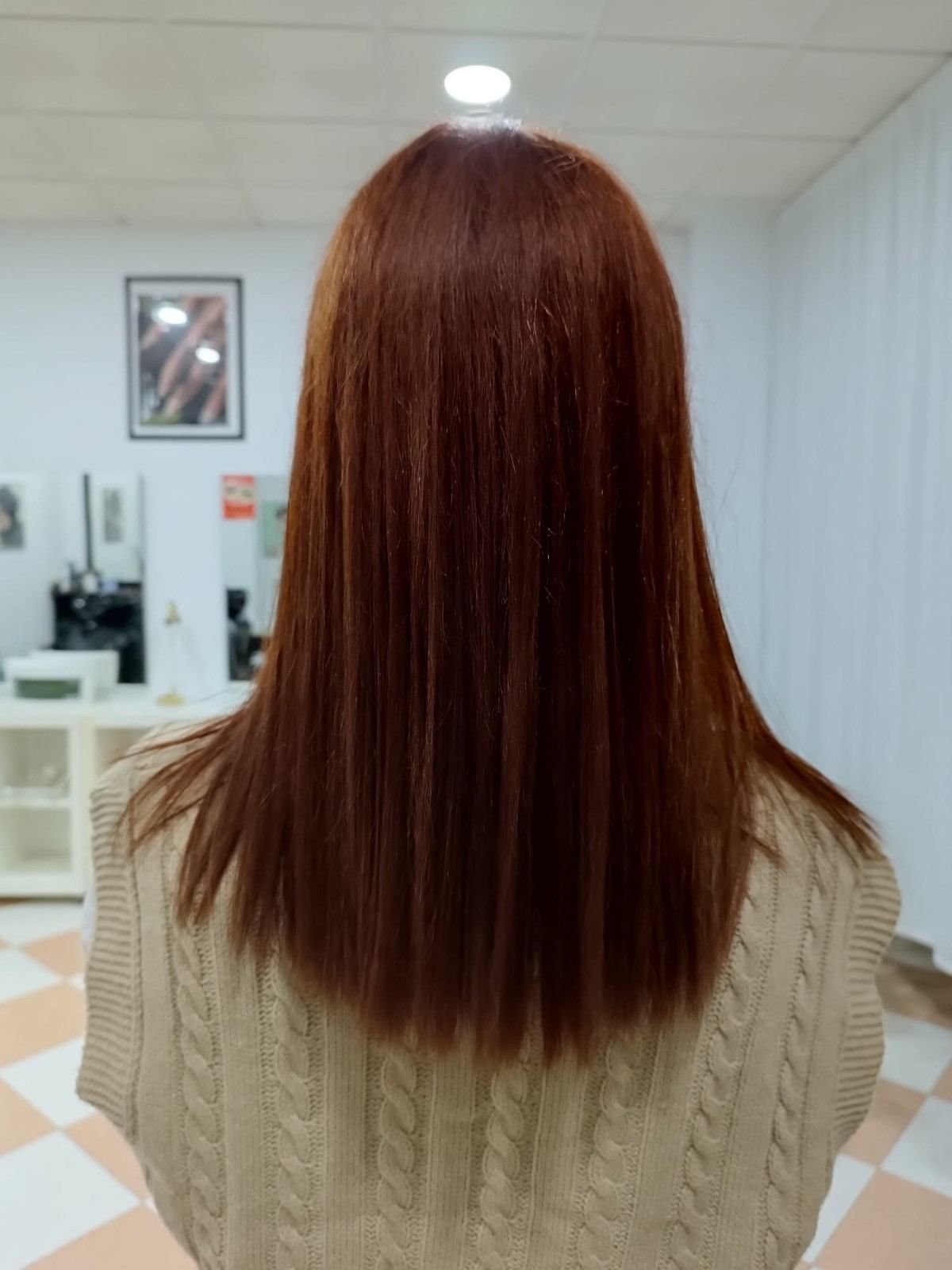 Vista posterior de una persona con cabello liso castaño rojizo en el interior luminoso de un salón de belleza.