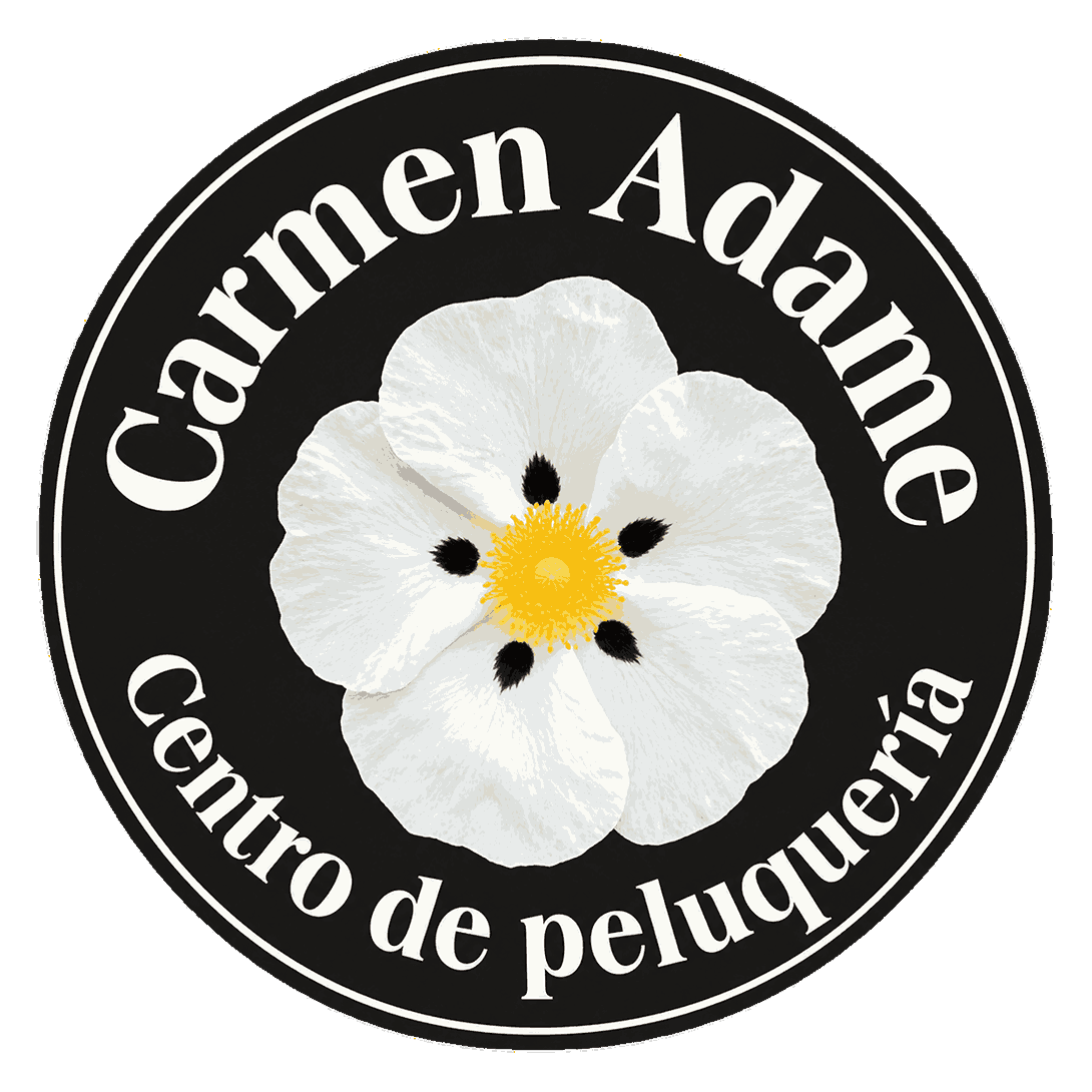 Logotipo de Carmen Adame Centro de peluquer&iacute;a con una flor blanca sobre un fondo circular negro.