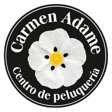 Logotipo de Carmen Adame Centro de peluquería con una flor blanca sobre un fondo circular negro.
