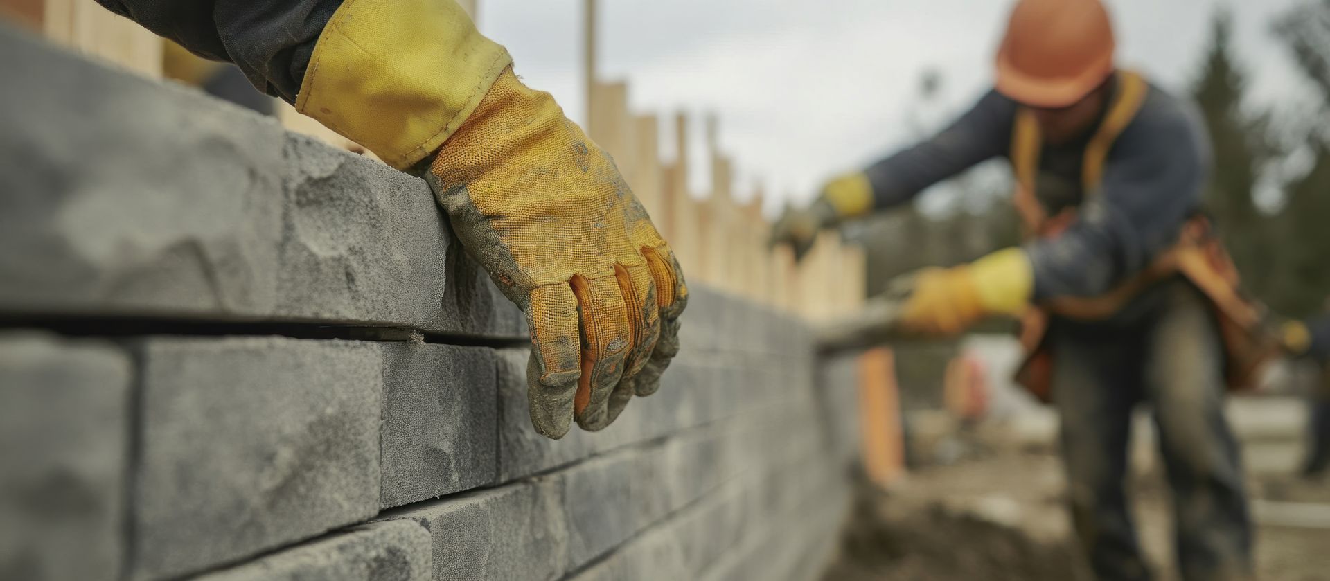 Un ouvrier du bâtiment portant des gants jaunes place des briques pour un mur par une journée nuageuse.