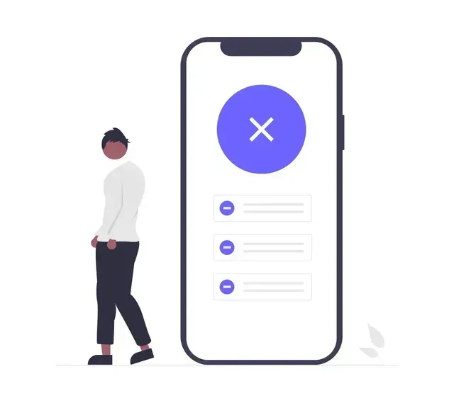 Hombre de pie junto a una pantalla de teléfono grande que muestra un ícono X azul y tres elementos de lista en blanco.