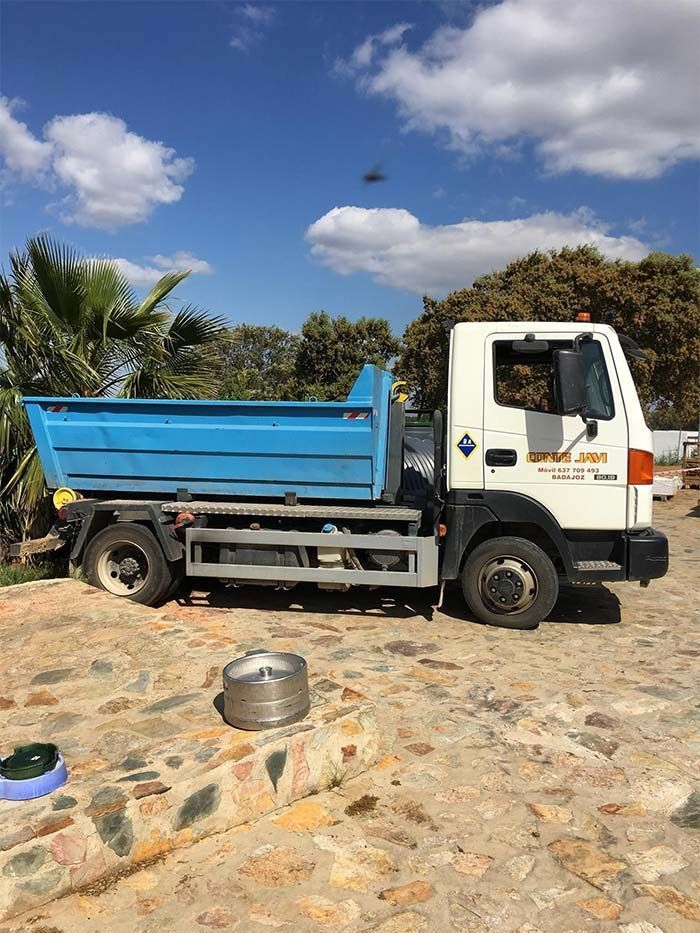 Camión volquete azul estacionado sobre una superficie adoquinada bajo un cielo parcialmente nublado.