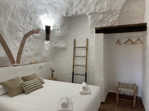 Un dormitorio con una cama y una escalera dentro.