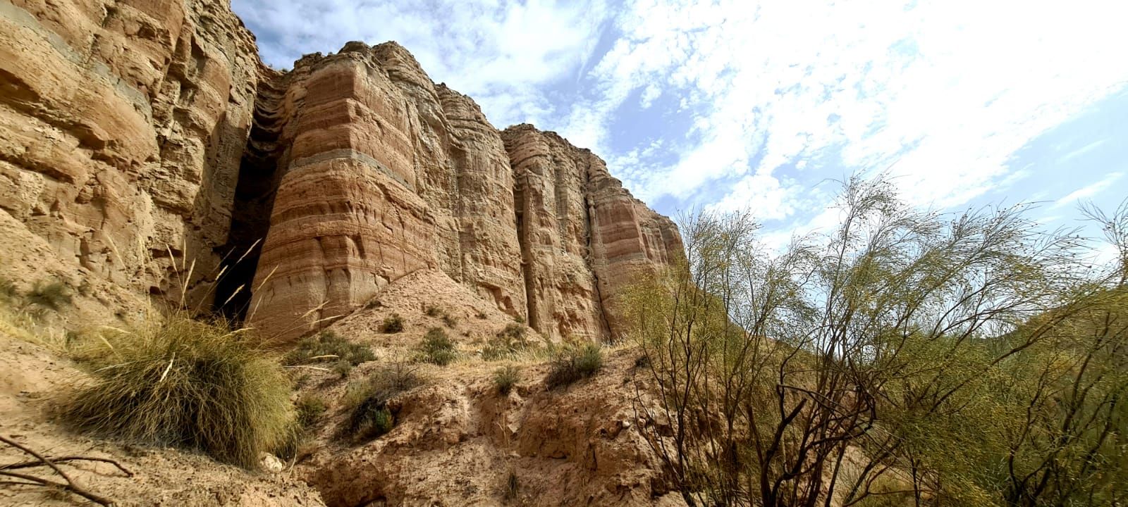 Un acantilado con árboles a los lados y un cielo azul al fondo.