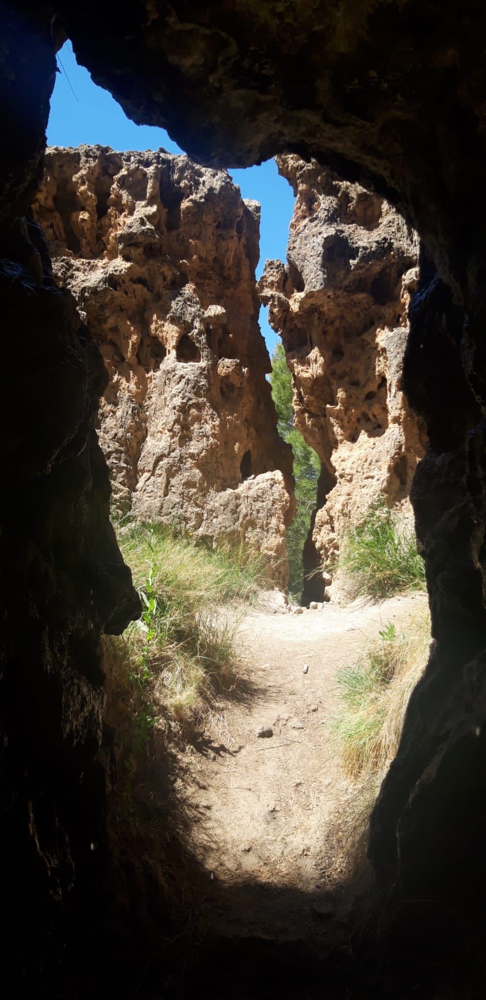 Una vista de una cueva desde el interior de ella.
