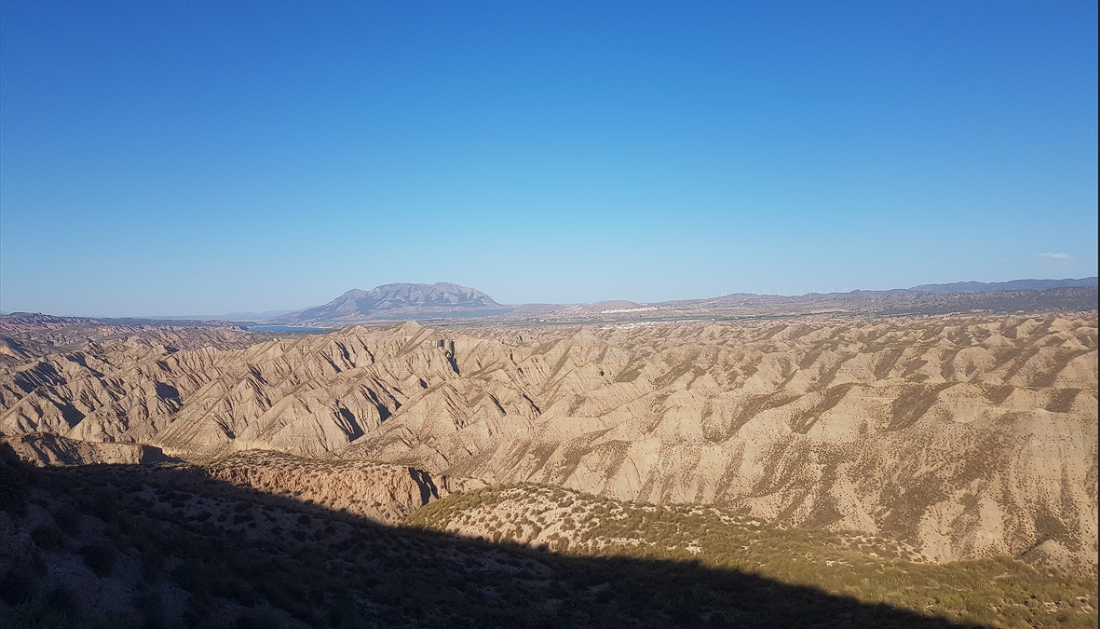 Un paisaje desértico con un cielo azul y montañas al fondo.