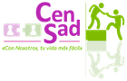 Logotipo de CenSad: Texto en morado, figuras de ayuda y el lema "Con nosotros tu vida es más fácil".