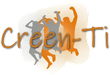 Logotipo de "Creen-Ti" con figuras recortadas saltando en naranja y gris sobre un fondo naranja borroso.