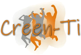 Logotipo de "Creen-Ti" con figuras recortadas saltando en naranja y gris sobre un fondo naranja borroso.