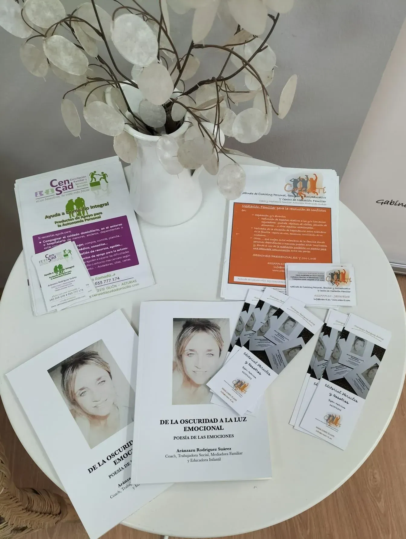 Paquetes de productos y folletos sobre una mesa blanca con un jarrón decorativo y una planta.