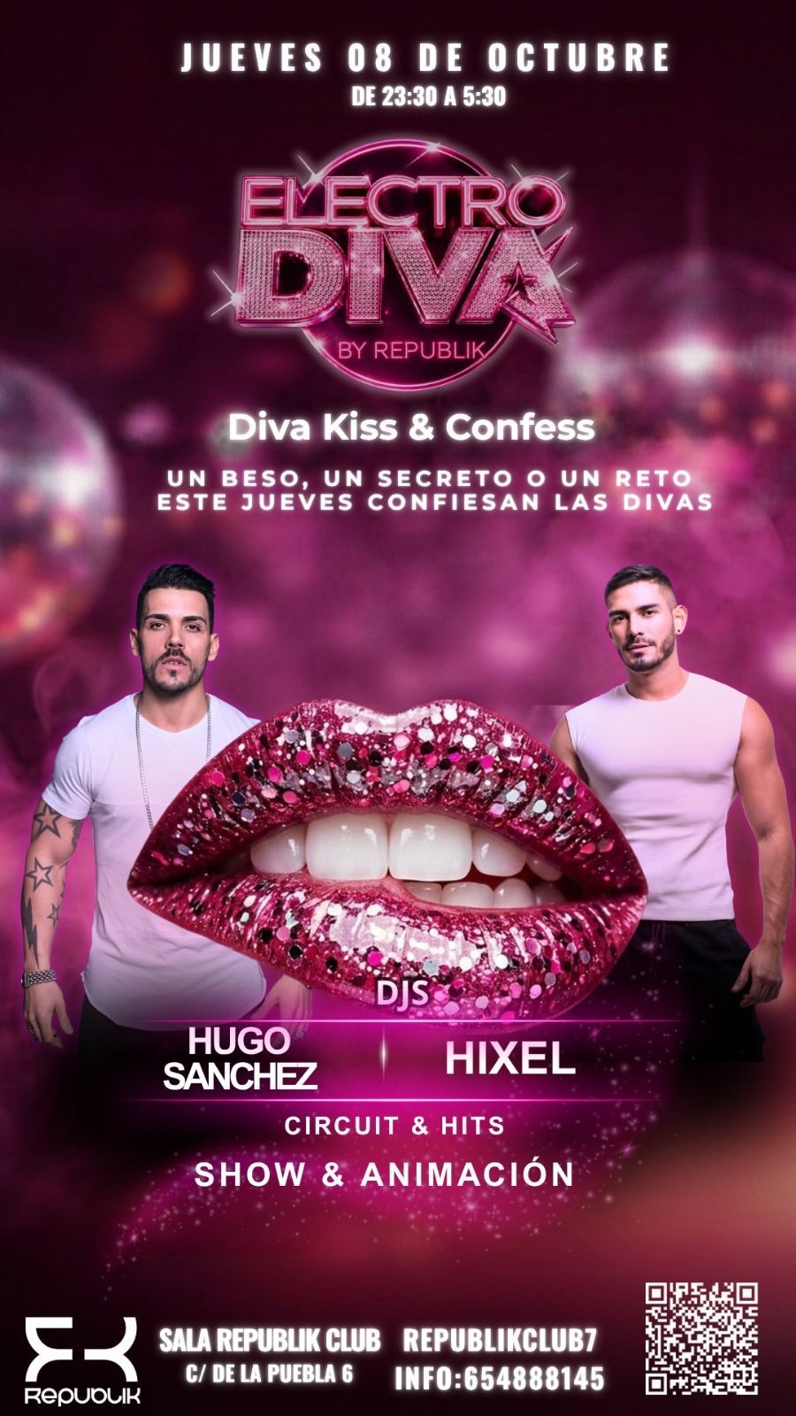 Cartel rosa de la discoteca «Electro Love» con dos bailarines, nombres de DJ y detalles del evento sobre un fondo negro