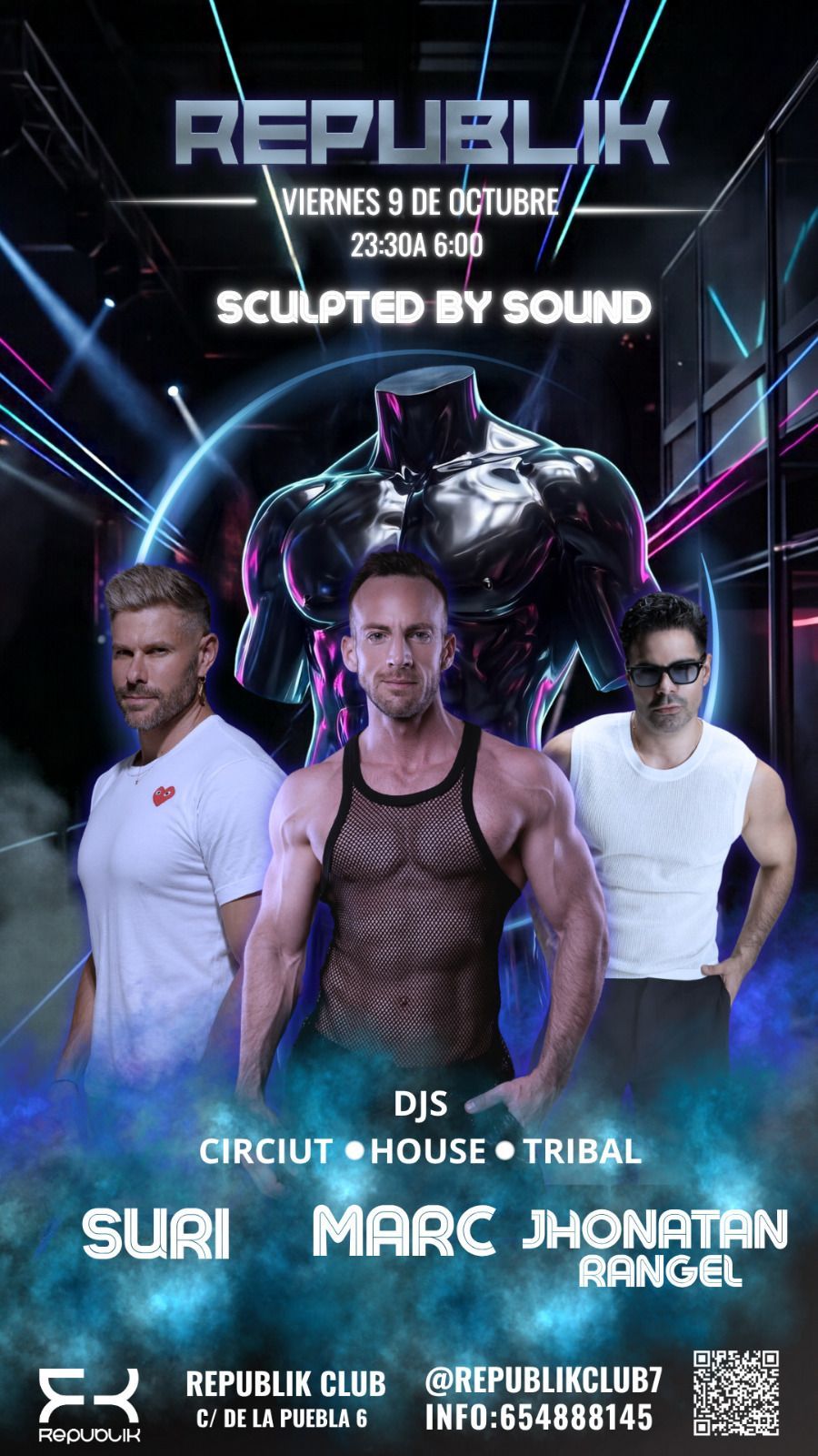 Cartel de discoteca Republic con tres DJ, arte de un robot de neón y detalles del evento en azul y morado