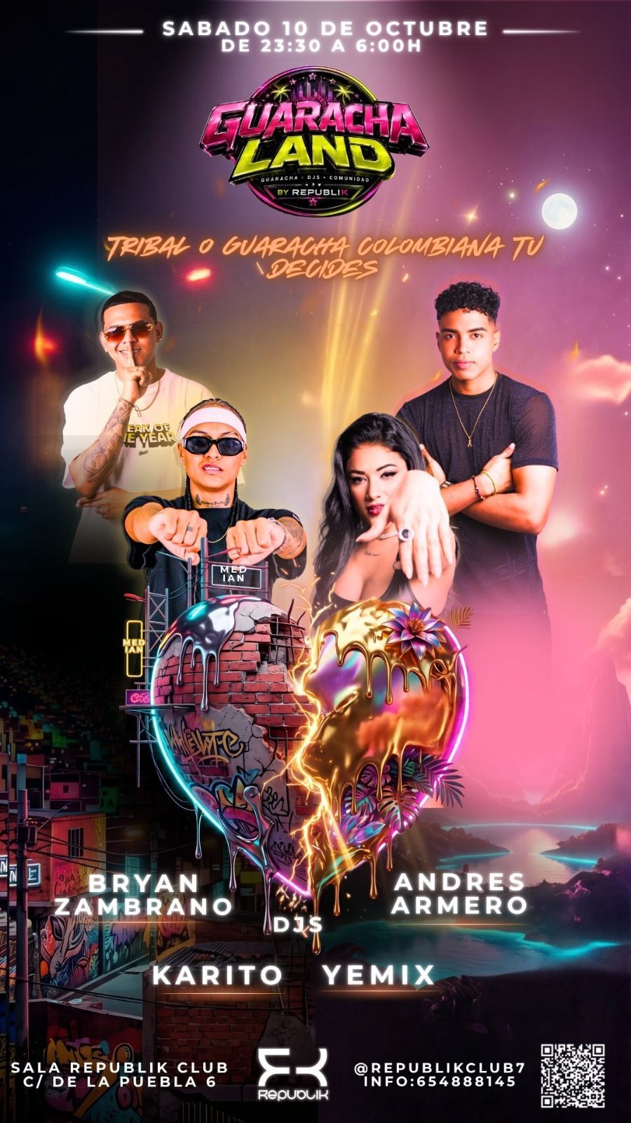 Cartel de concierto con cuatro artistas y texto de neón para “Aventura Land”, con fecha del sábado 19 de octubre.