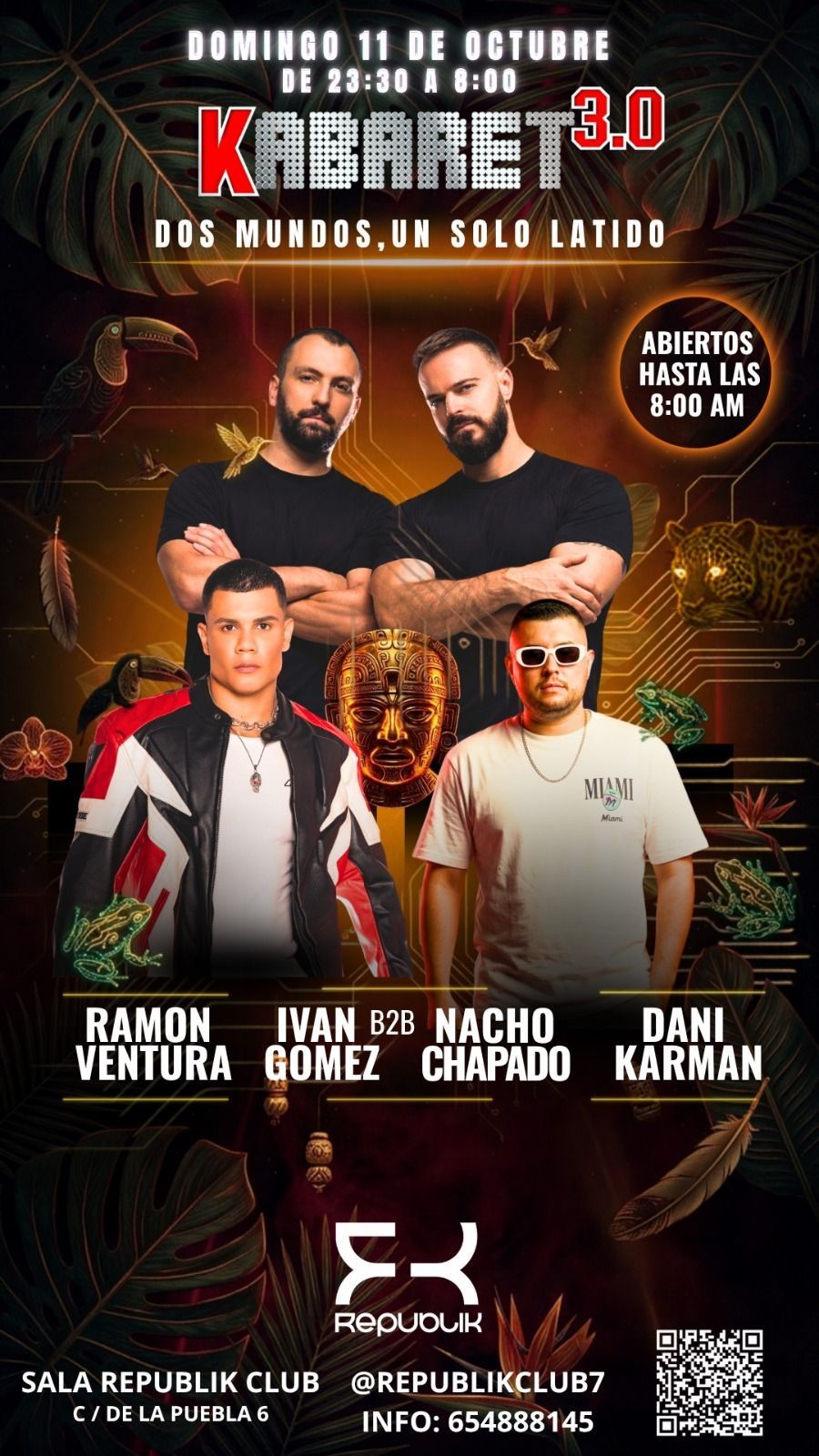 Cartel del concierto «KBRARE 3.0», con cuatro artistas sobre un escenario en llamas y los detalles del evento debajo