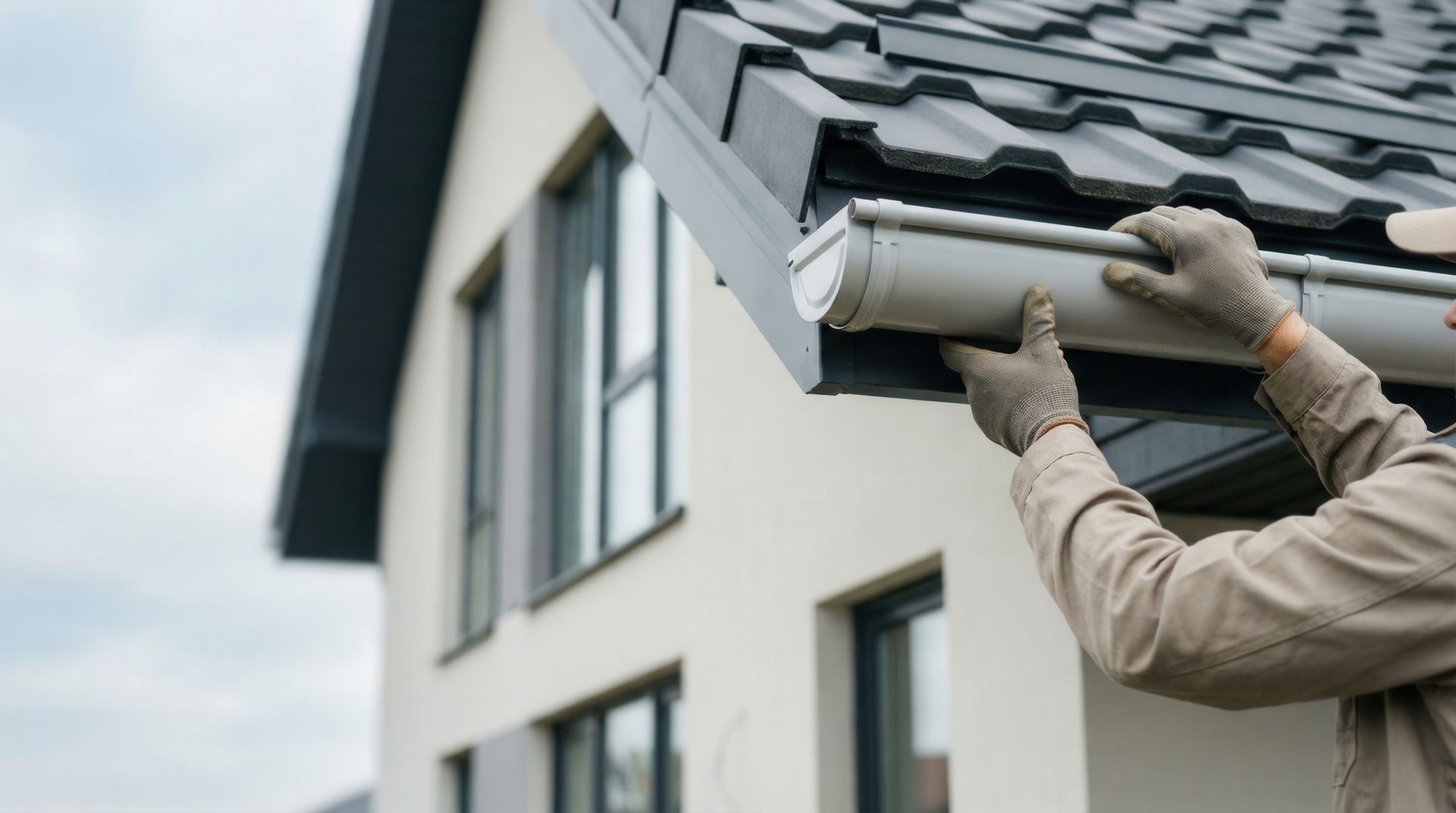 Ouvrier installant une gouttière blanche sur le toit d'une maison.