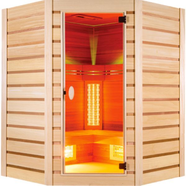 Una sauna in legno con una luce rossa che esce dalla porta
