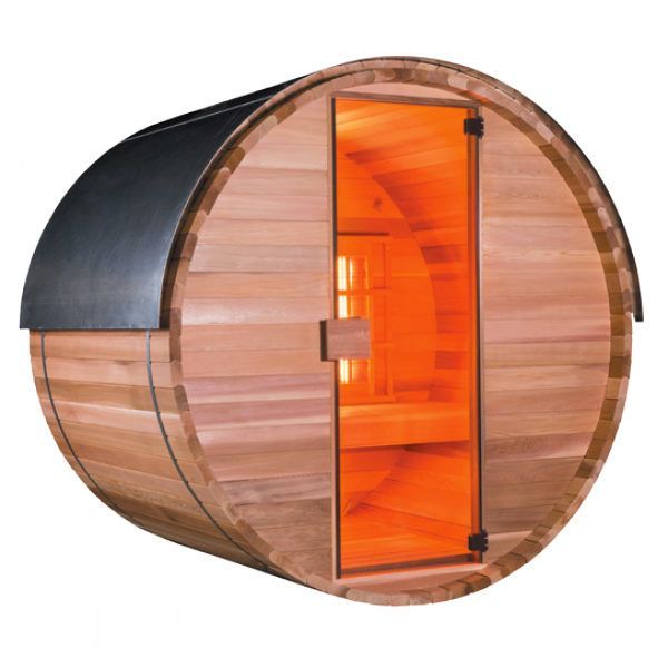 Una sauna a forma di botte di legno con una porta in vetro