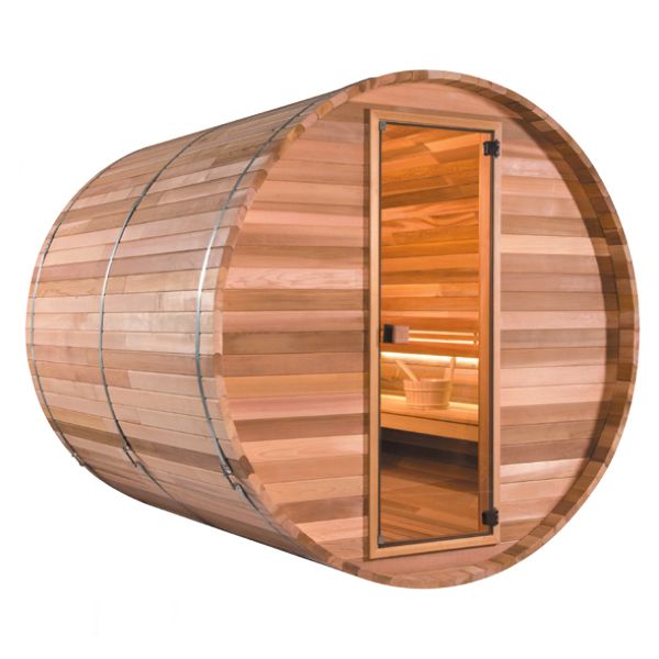 Una sauna a forma di botte di legno con una porta in vetro