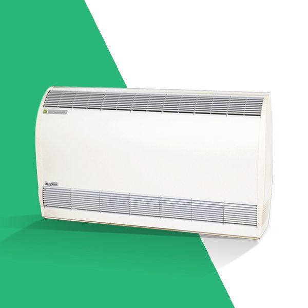 Un condizionatore bianco è posizionato su uno sfondo verde e bianco.