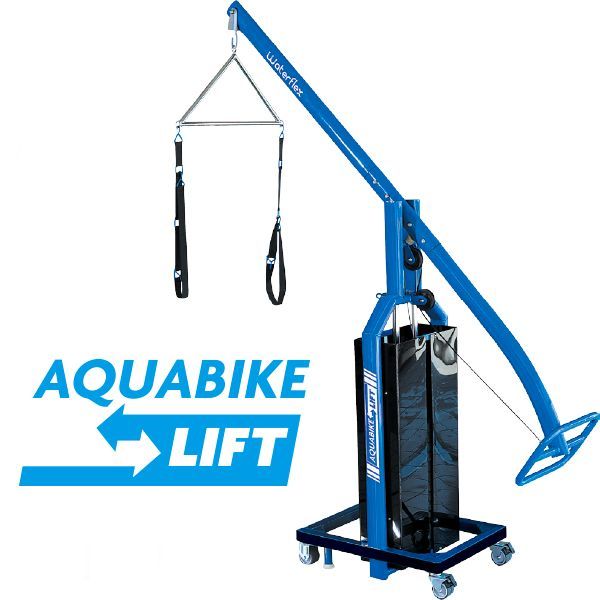 Un ascensore per aquabike blu con una freccia che punta a destra