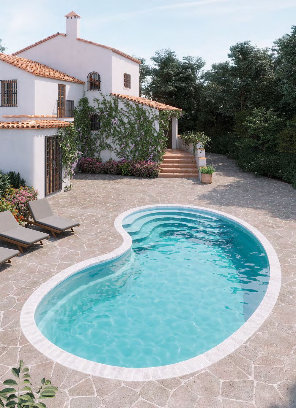 Nel cortile di una casa si trova una grande piscina.