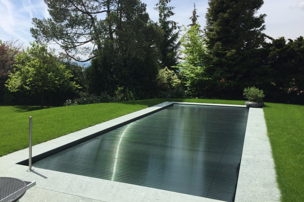 Una grande piscina è circondata da erba e alberi