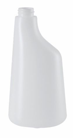 Valkoinen muovinen suihkepullo, kulmikas muotoilu.