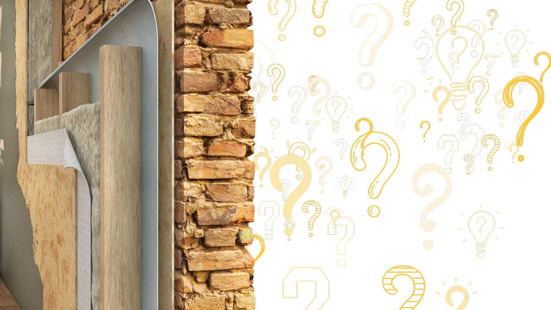 La vue en découpe d'un mur isolé avec des points d'interrogation autour