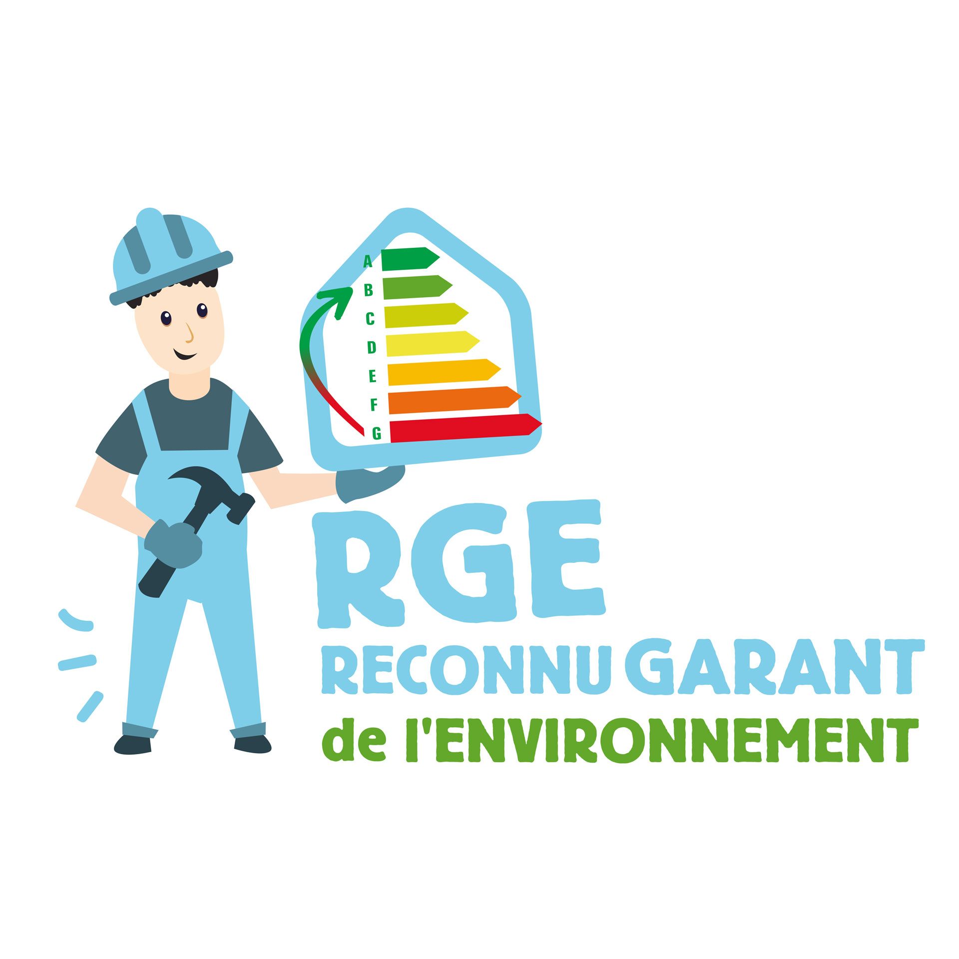 Illustration d'un artisan avec un diagramme énergétique et l'acronyme RGE