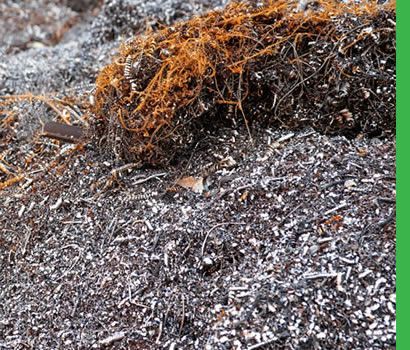 Tas de copeaux de métal, principalement argentés, avec un amas de fibres rouillées et orangées sur le dessus.