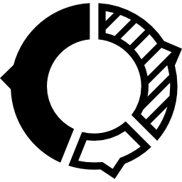 Diagramme circulaire à trois sections, une hachurée, deux pleines, toutes avec des bords en forme de flèche.