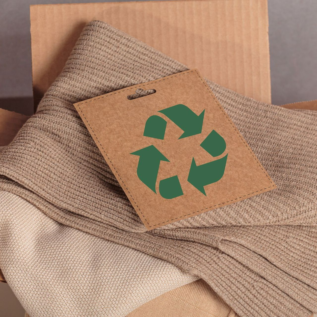 Tas de vêtement avec carton et logo de recyclage dessus