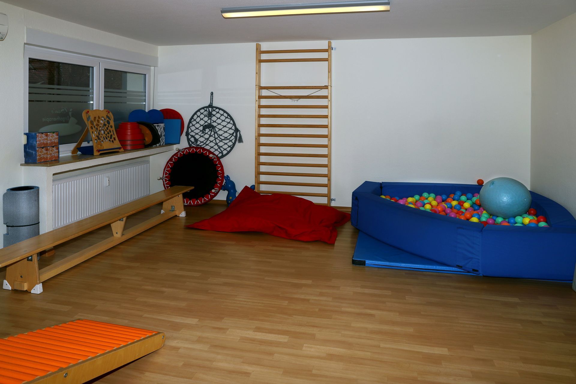 Ein Raum mit einem Bällebad und einer Bank