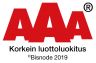 AAA logo with red letters and black Finnish text, “Korkein luottoluokitus” and “Inside 2019”