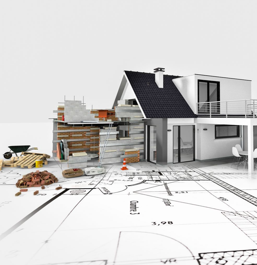 Maison en construction, avec plans et matériaux de construction.